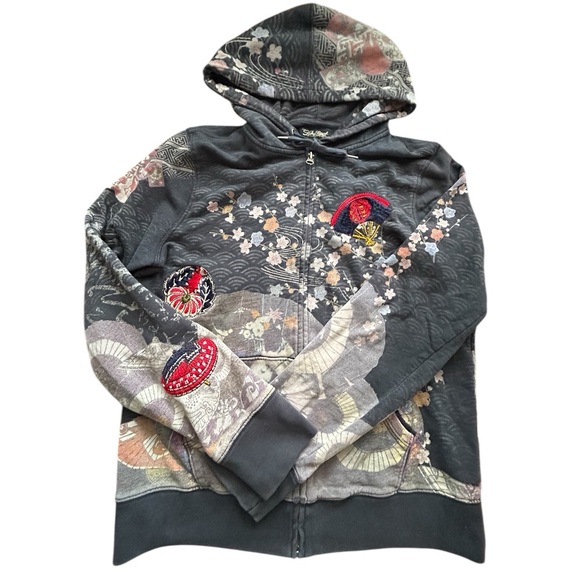 Y2K Rare Vintage Lucky Brand Asian Art Geisha Zip Up Hoodie Embroidered EUC Lg - Picture 3 of 16
